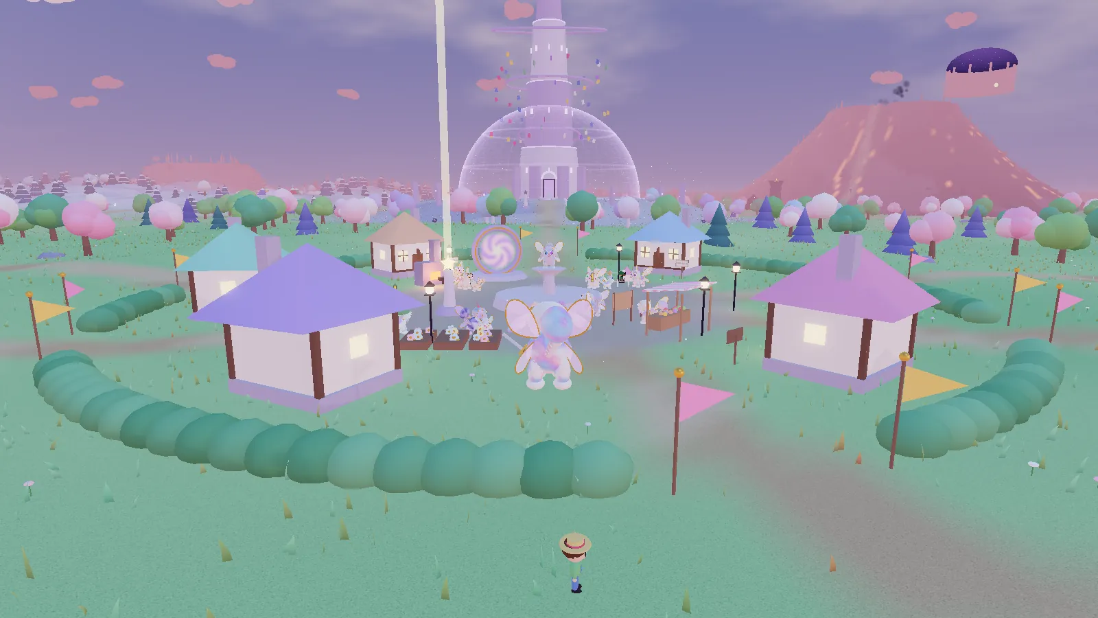 A Myo Myo standing in Hearthwhisker Village at dusk, with the Archive tower glowing in the distance