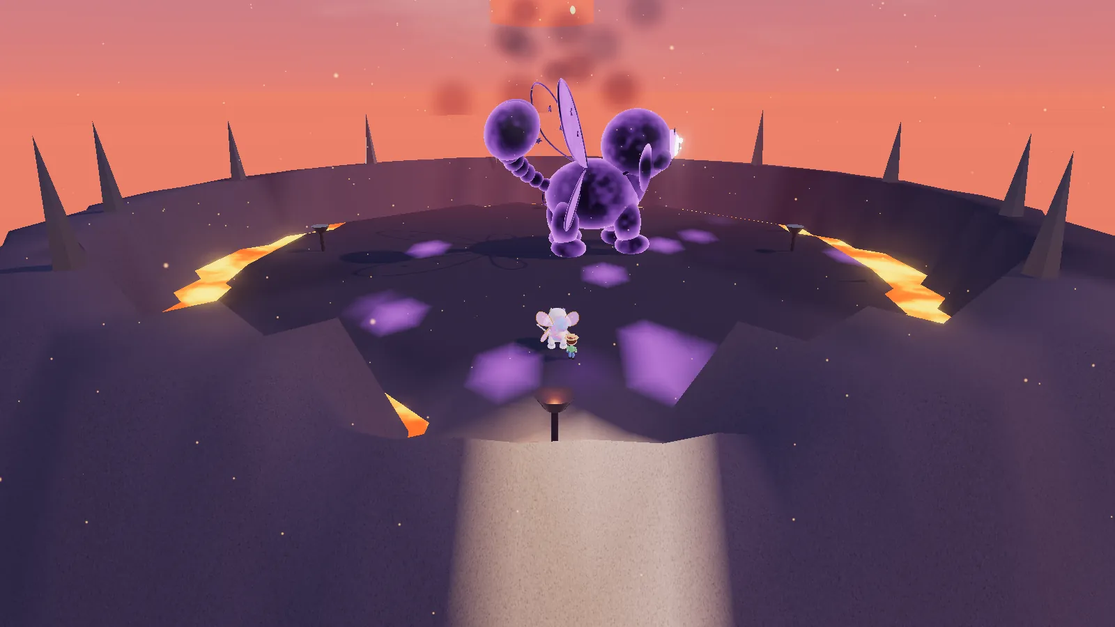 Umbra, the Shadow Colossus, looming over a Myo Myo on the volcano summit